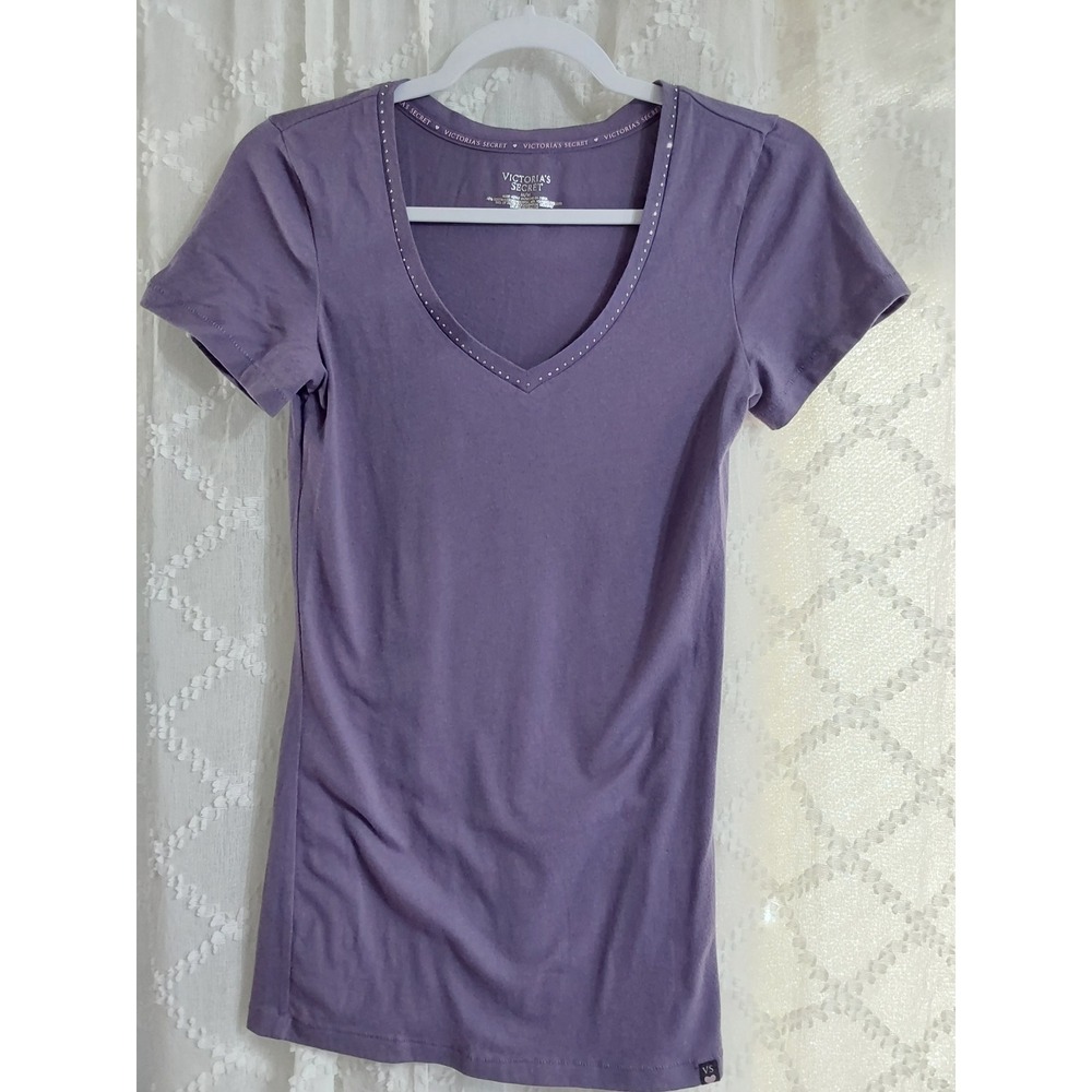Victoria's Secret Purple V-Neck Rhinestone Embellished Short Sleeve Tee Shirt M